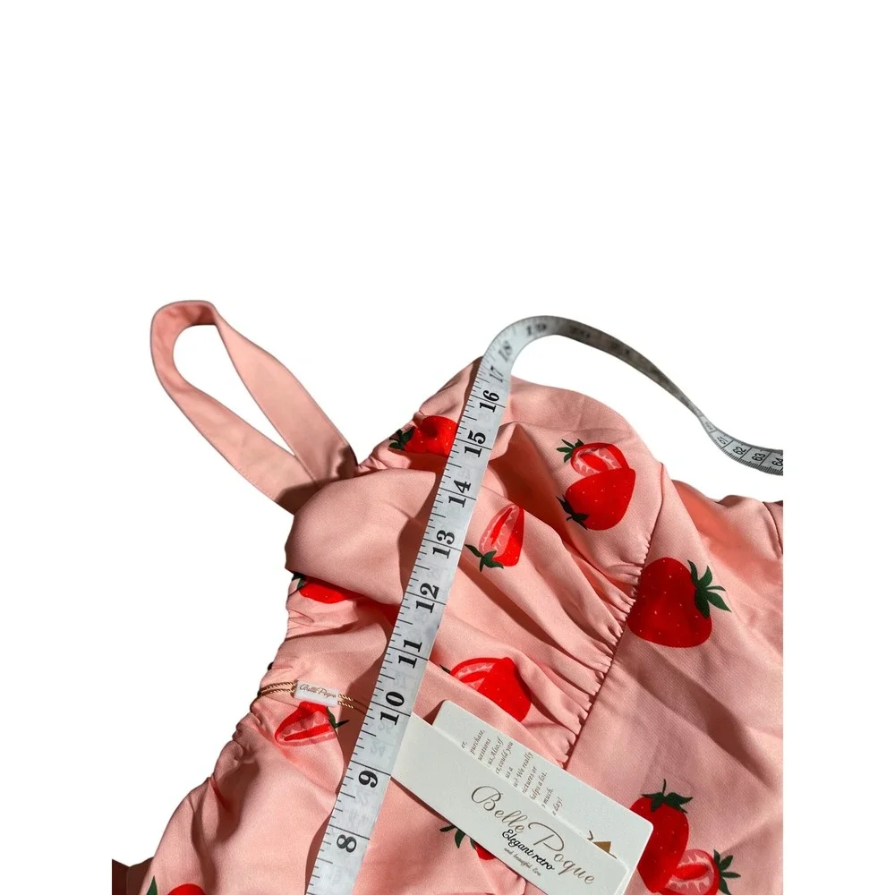 Bella Poque Pink Strawberry Print Fit and‎ Flare Dress Sleeveless - Picture 6 of 12